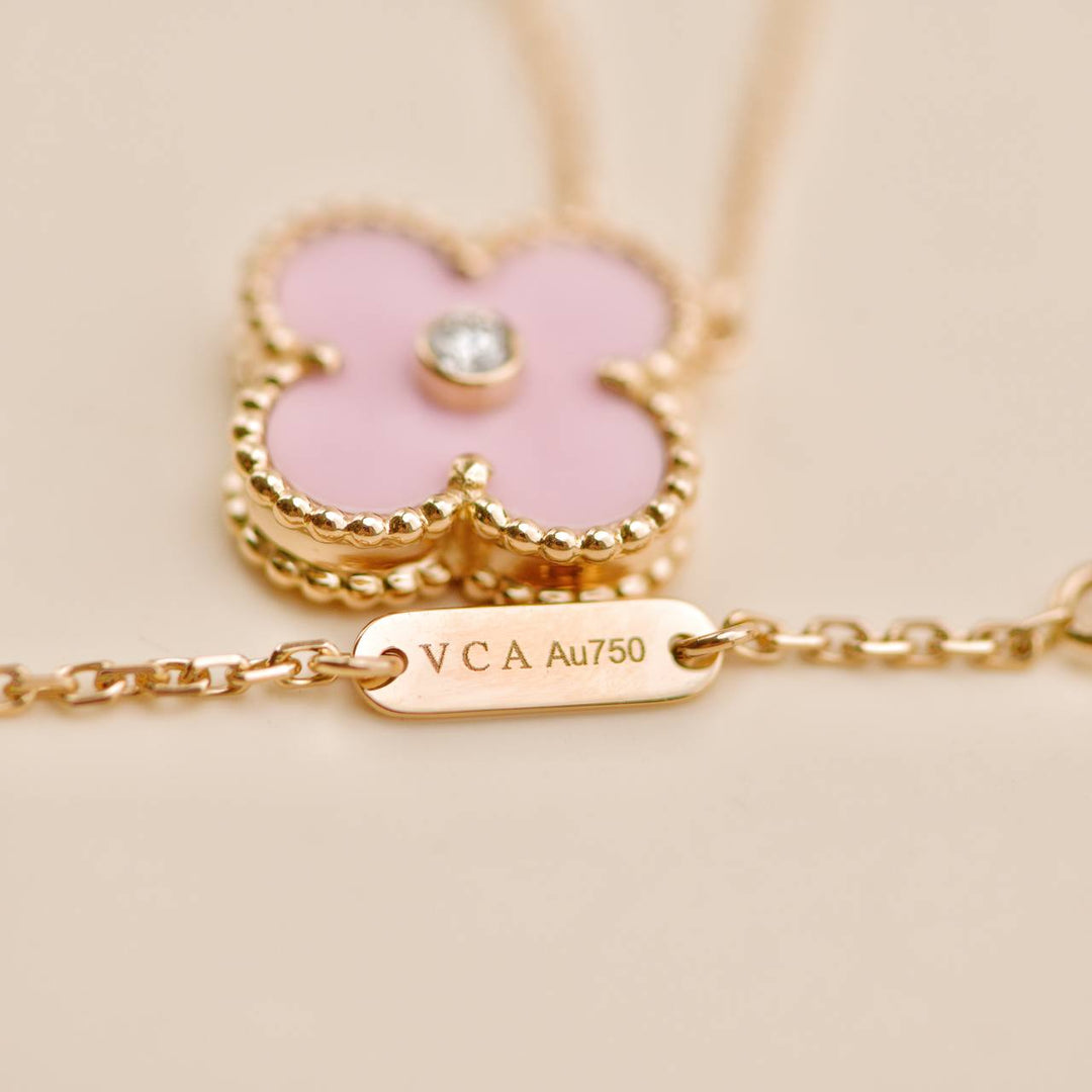 Second Hand Van Cleef Vintage Alhambra Diamond Pink Sèvres Porcelain 2015 Holiday Pendant Necklace