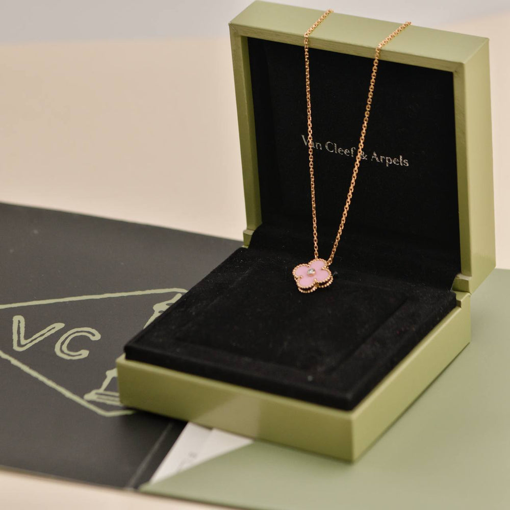 Preowned Van Cleef & Arpels Vintage Alhambra Diamond Pink Sèvres Porcelain 2015 Holiday Pendant Necklace