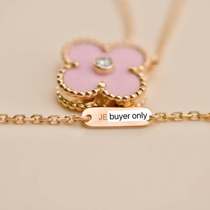 Used Van Cleef Vintage Alhambra Diamond Pink Sèvres Porcelain 2015 Holiday Pendant Necklace