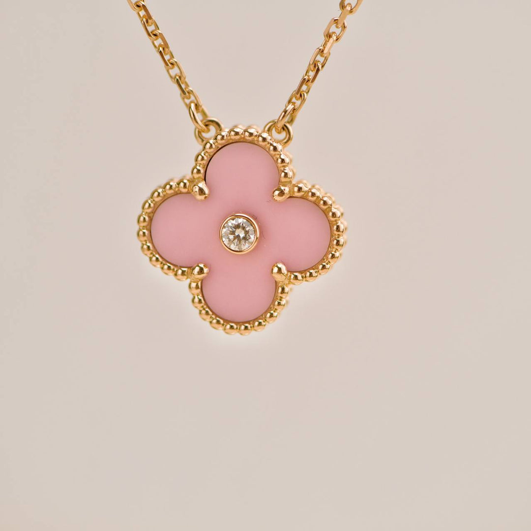 Preloved Van Cleef Vintage Alhambra Diamond Pink Sèvres Porcelain 2015 Holiday Pendant Necklace