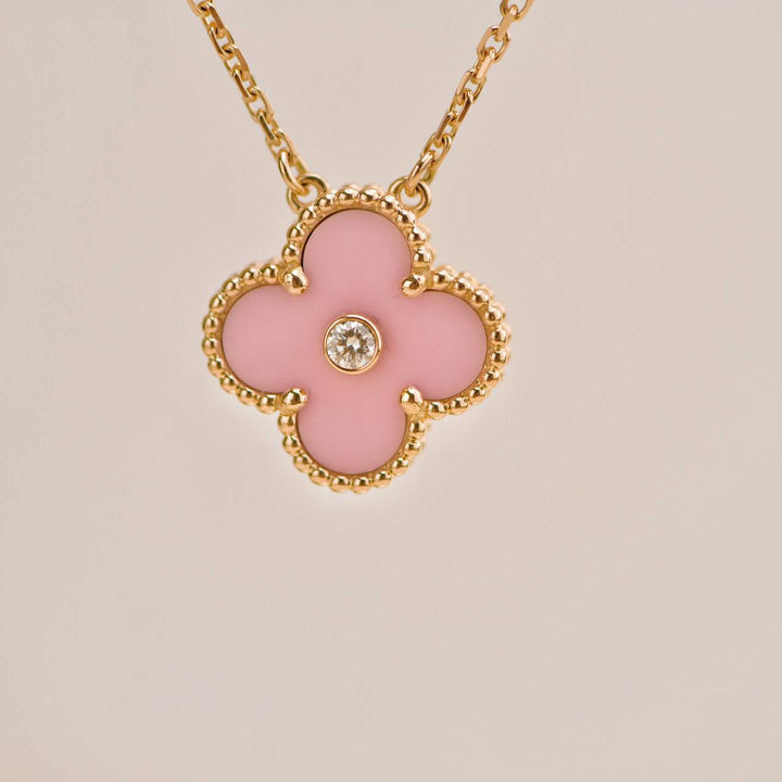 Preloved Van Cleef Vintage Alhambra Diamond Pink Sèvres Porcelain 2015 Holiday Pendant Necklace