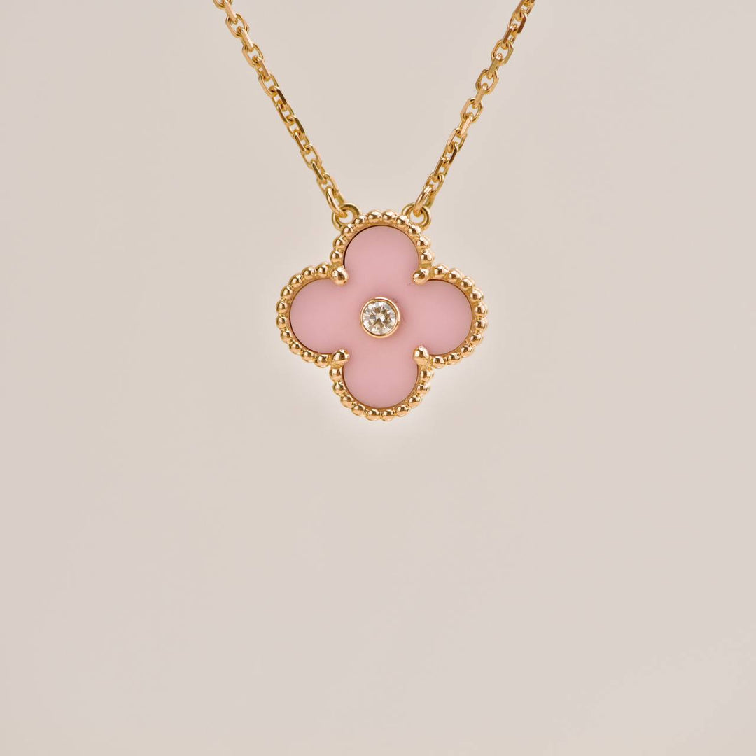Preowned Van Cleef Vintage Alhambra Diamond Pink Sèvres Porcelain 2015 Holiday Pendant Necklace