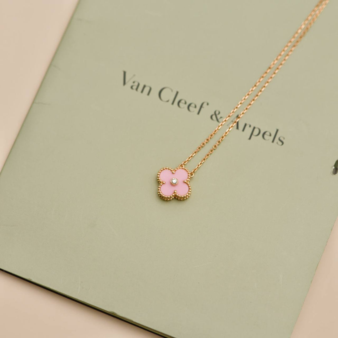 Second Hand Van Cleef & Arpels Vintage Alhambra Diamond Pink Sèvres Porcelain 2015 Holiday Pendant Necklace