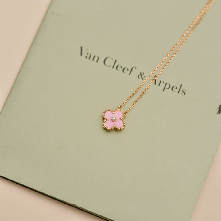Second Hand Van Cleef & Arpels Vintage Alhambra Diamond Pink Sèvres Porcelain 2015 Holiday Pendant Necklace