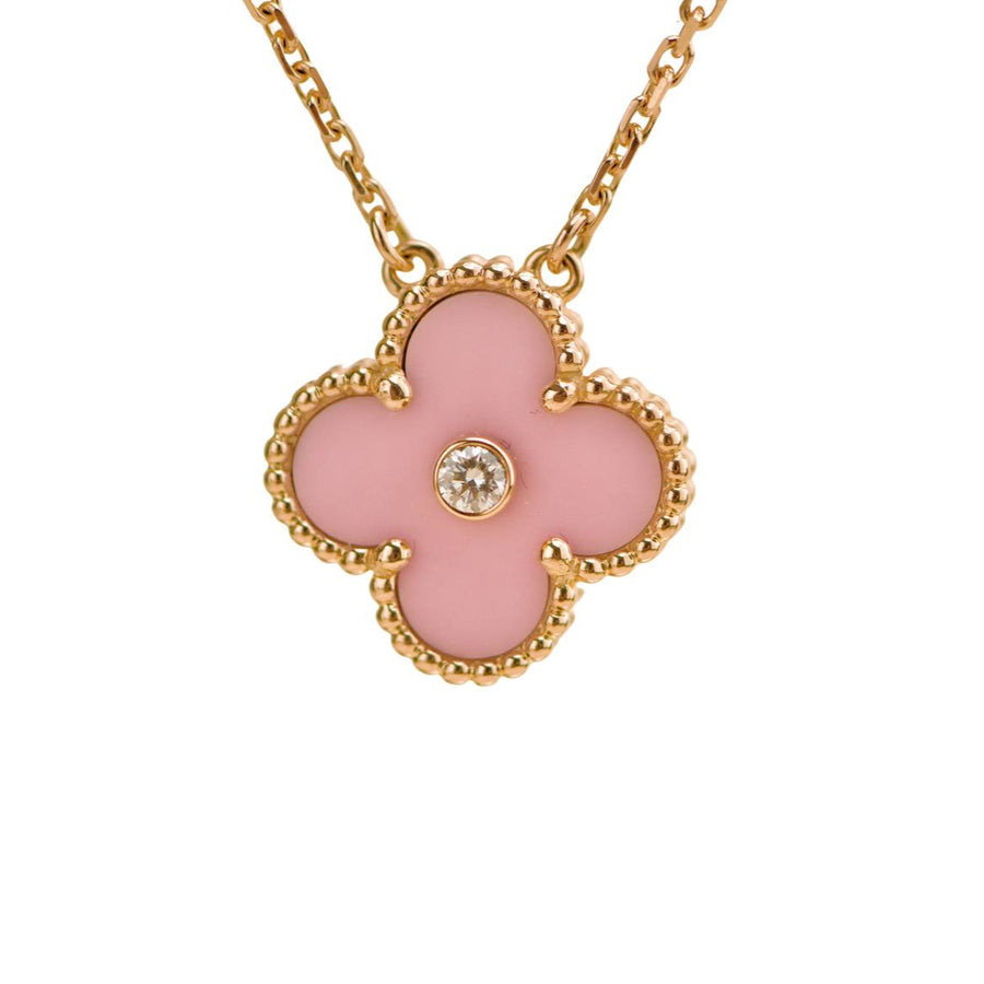 Preloved Van Cleef & Arpels Vintage Alhambra Diamond Pink Sèvres Porcelain 2015 Holiday Pendant Necklace