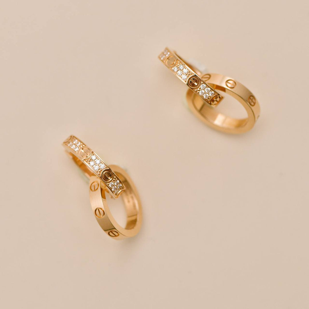 Used Cartier Love Double Hoop Diamond 18K Rose Gold Earrings 