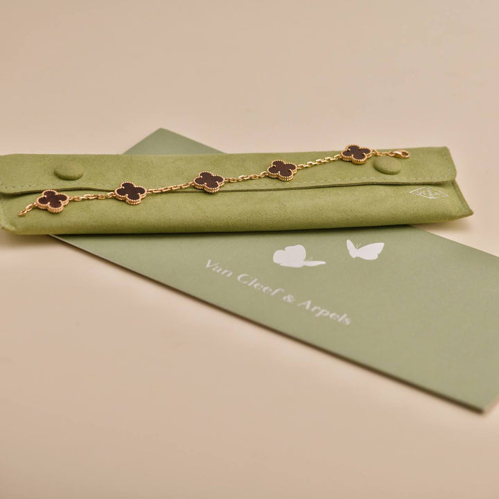 Second Hand Van Cleef & Arpels Vintage Alhambra Letterwood 5 Motif 18K Yellow Rose Bracelet 