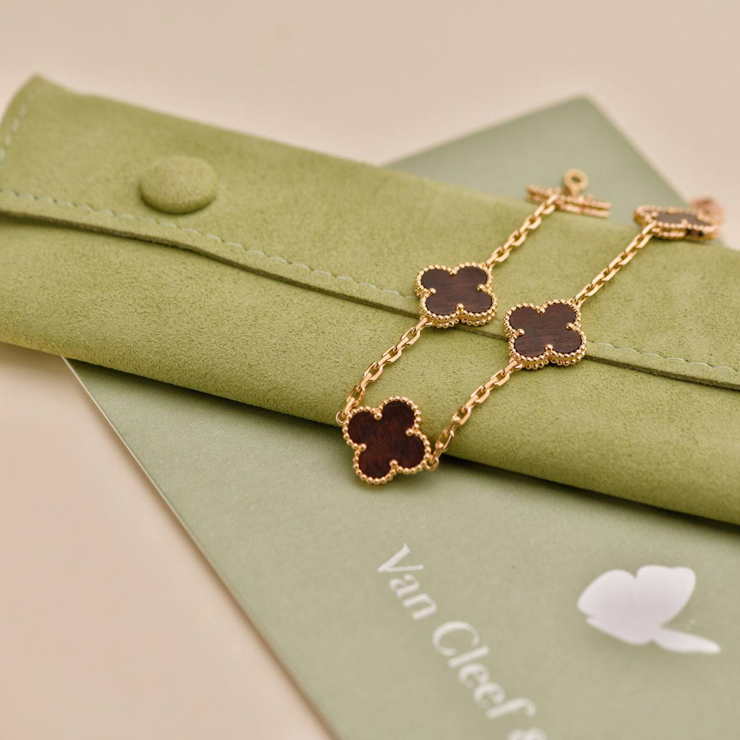 Preowned Van Cleef & Arpels Vintage Alhambra Letterwood 5 Motif 18K Yellow Rose Bracelet 