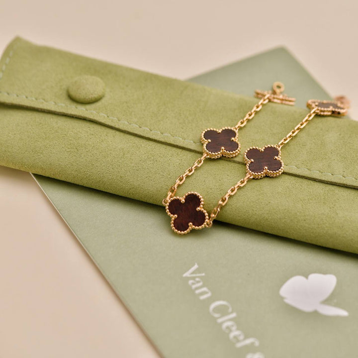Preowned Van Cleef & Arpels Vintage Alhambra Letterwood 5 Motif 18K Yellow Rose Bracelet 