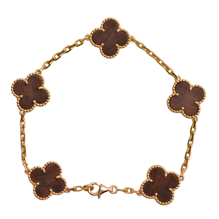 Preloved Van Cleef & Arpels Vintage Alhambra Letterwood 5 Motif 18K Yellow Rose Bracelet 