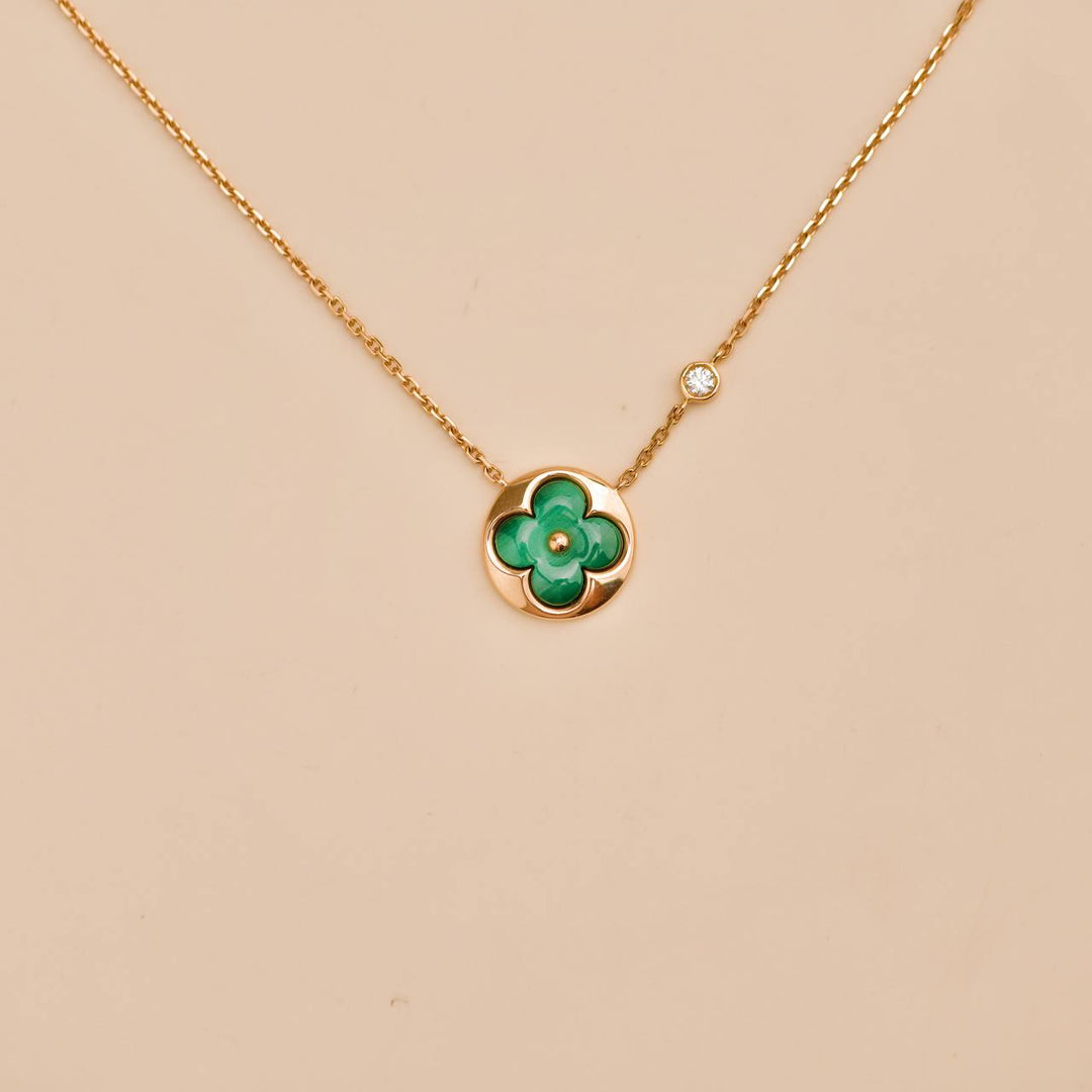 Preloved LV 18K Malachite Diamond Blossom 18K Rose Gold Pendant Necklace