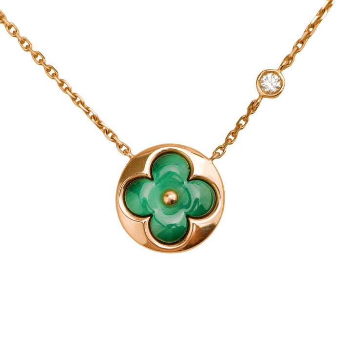 Preloved Louis Vuitton 18K Malachite Diamond Blossom 18K Rose Gold Pendant Necklace