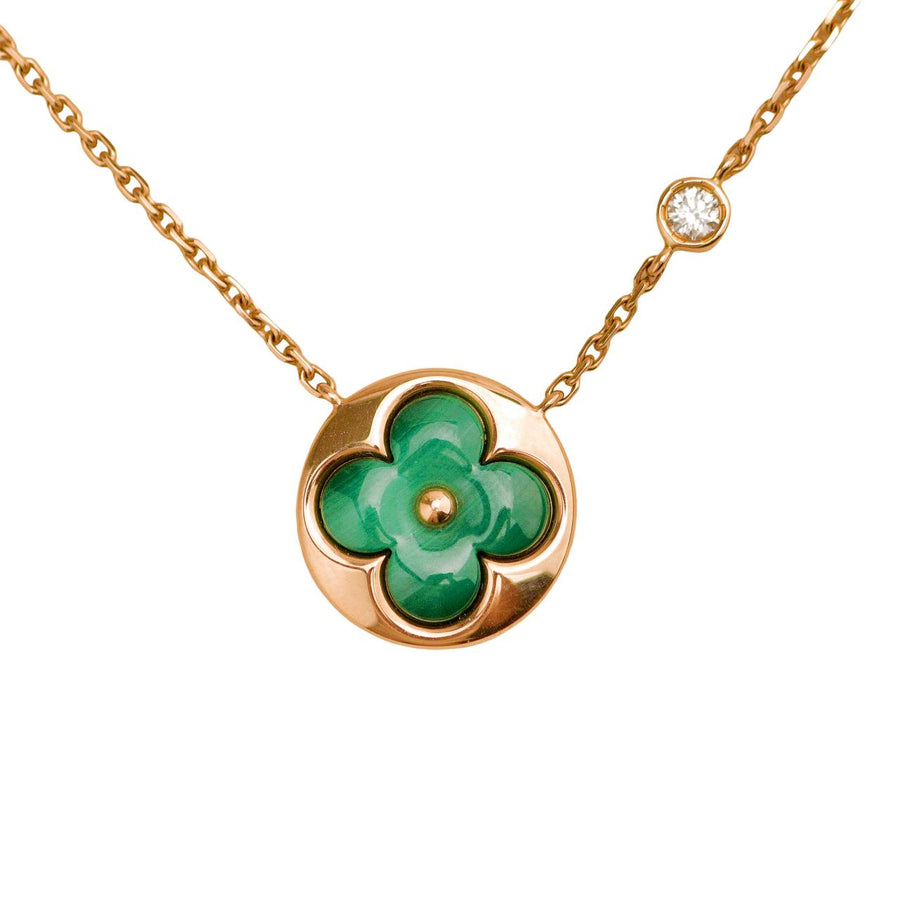 Preloved Louis Vuitton 18K Malachite Diamond Blossom 18K Rose Gold Pendant Necklace