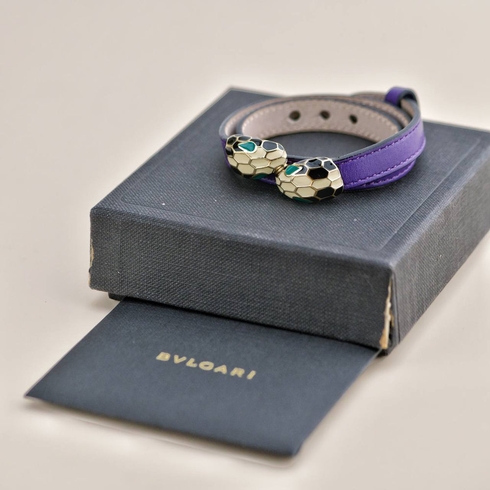 Second Hand Bvlgari Serpenti Forever Enamel Purple Leather Bracelet Size S