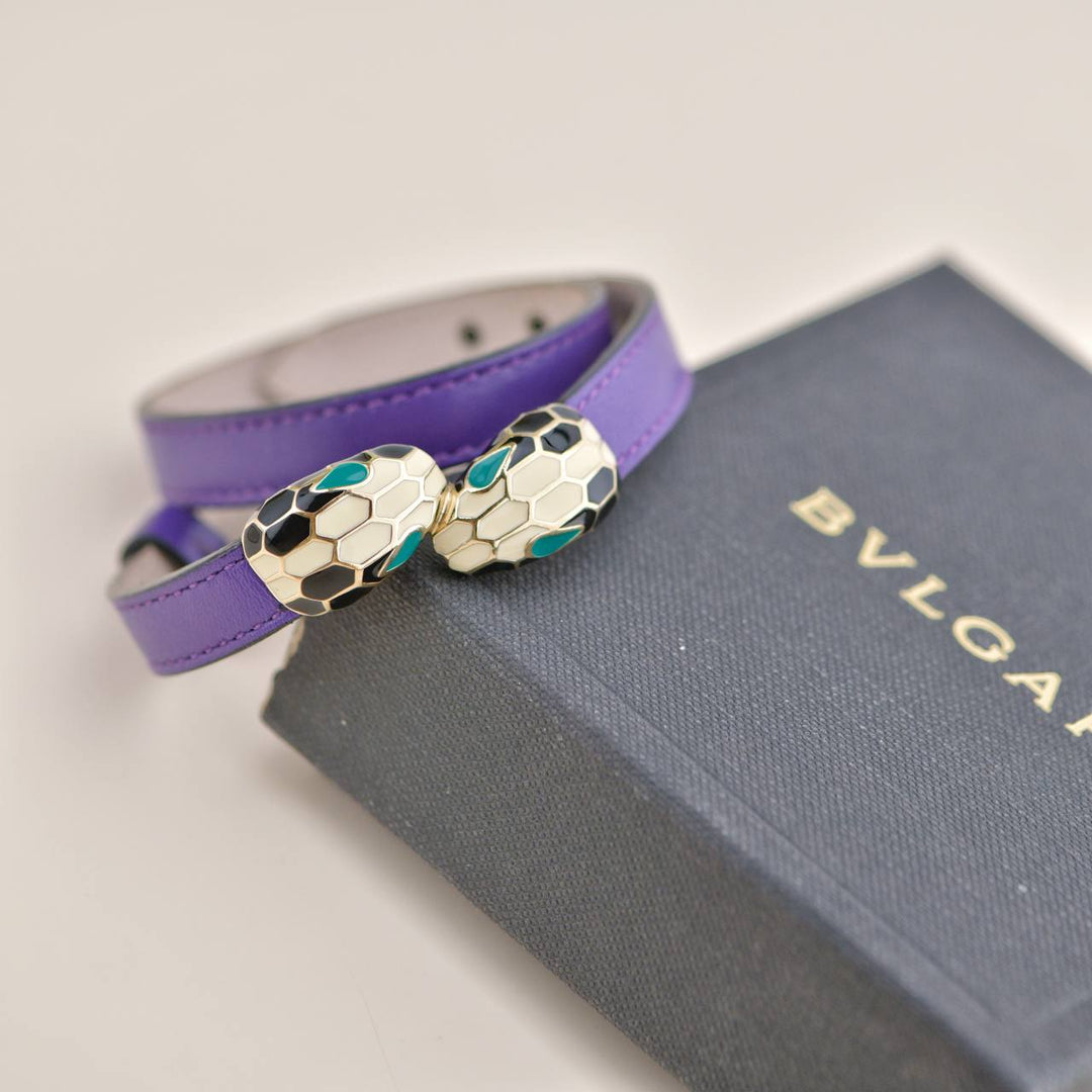 Used Bvlgari Serpenti Forever Enamel Purple Leather Bracelet Size S