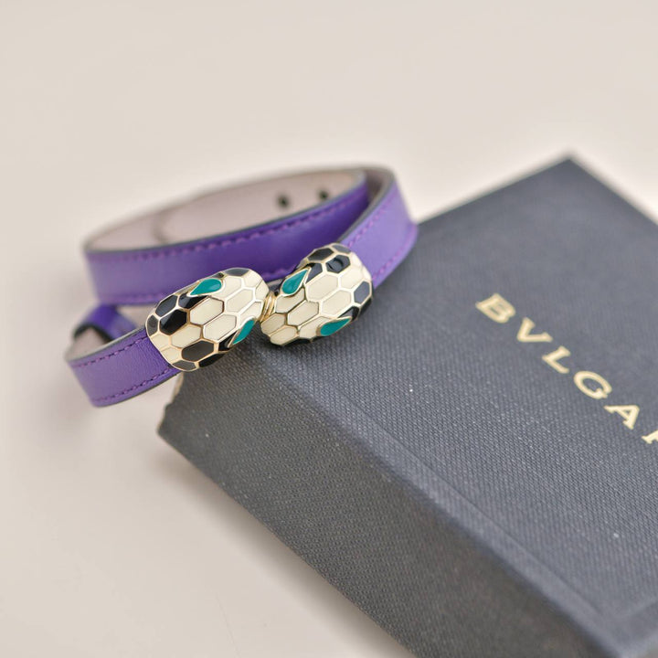 Used Bvlgari Serpenti Forever Enamel Purple Leather Bracelet Size S