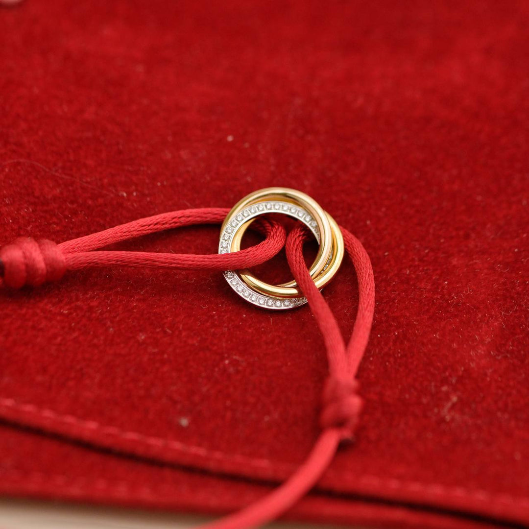 Second Hand Cartier Trinity Diamond 18K Yellow Rose and White Gold Red Cord Bracelet