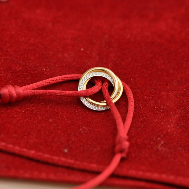 Second Hand Cartier Trinity Diamond 18K Yellow Rose and White Gold Red Cord Bracelet
