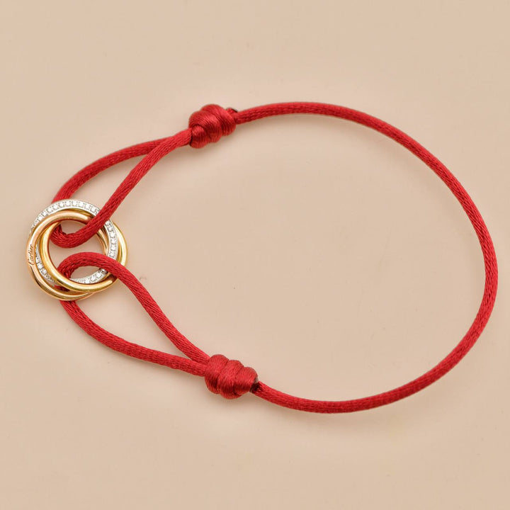 Used Cartier Trinity Diamond 18K Yellow Rose and White Gold Red Cord Bracelet