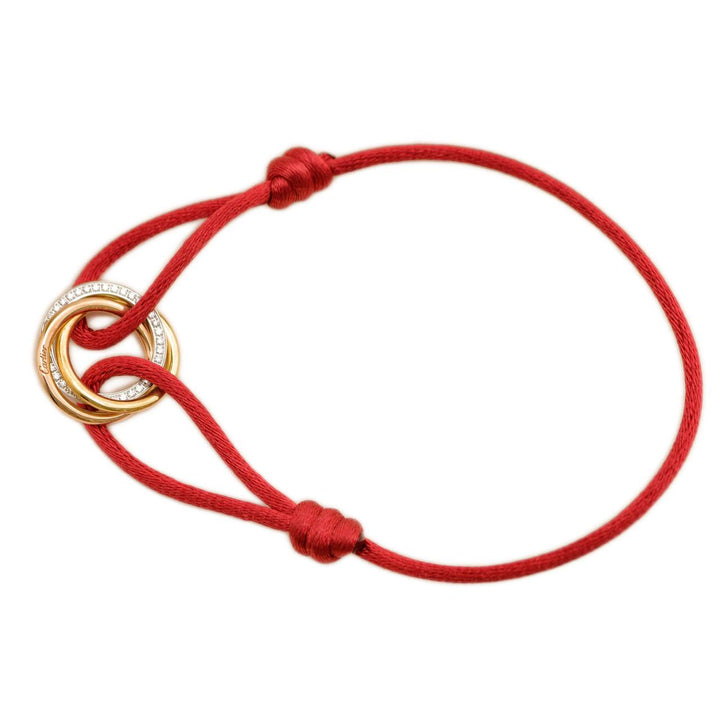 Preloved Cartier Trinity Diamond 18K Yellow Rose and White Gold Red Cord Bracelet