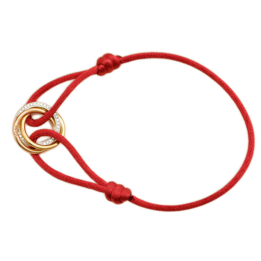 Preloved Cartier Trinity Diamond 18K Yellow Rose and White Gold Red Cord Bracelet