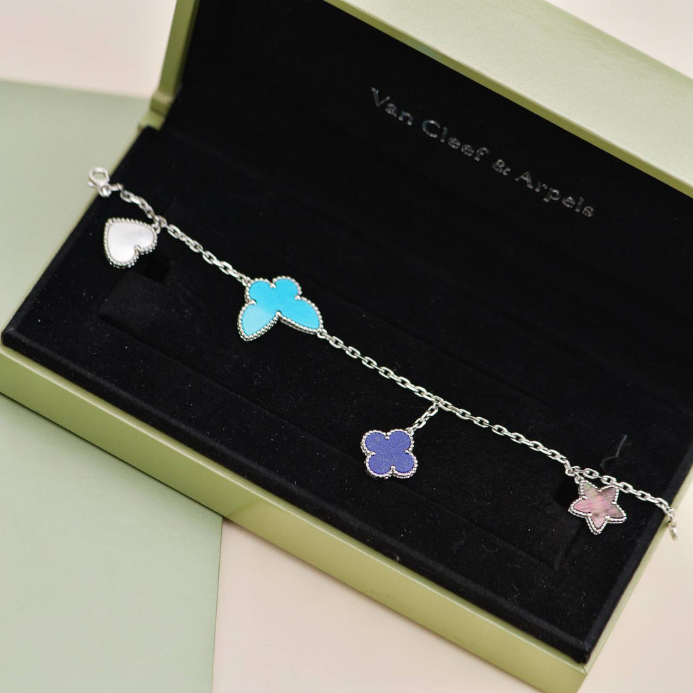 Preowned Van Cleef & Arpels Lucky Alhambra Turquoise Pearl Lapis Lazuli 18K White Gold Bracelet