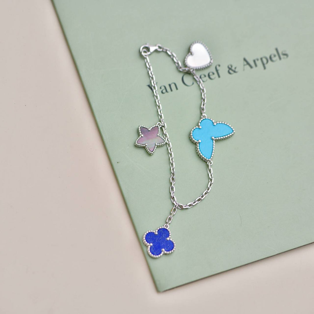 Used Van Cleef & Arpels Lucky Alhambra Turquoise Pearl Lapis Lazuli 18K White Gold Bracelet