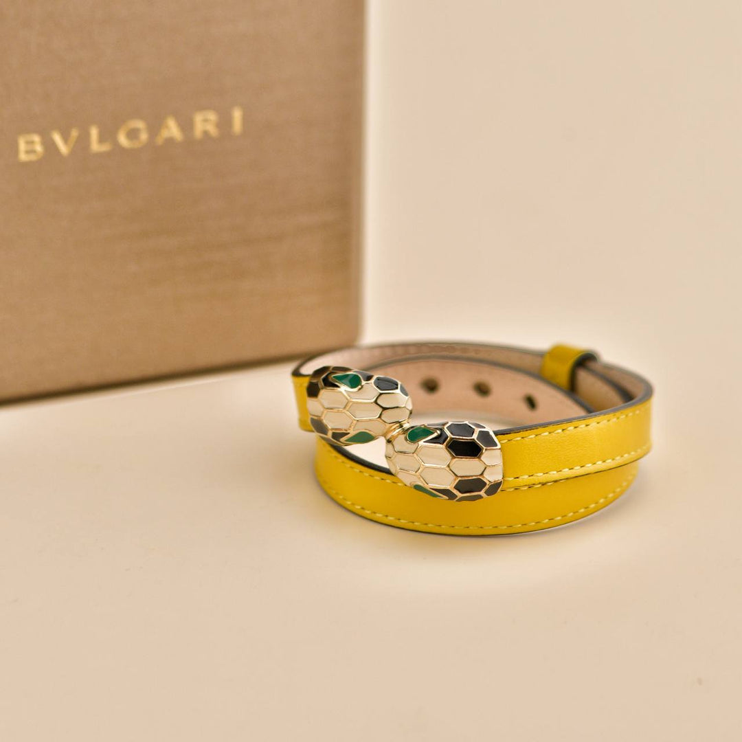 Second Hand Bvlgari Serpenti Forever Enamel Yellow Leather Bracelet Size S