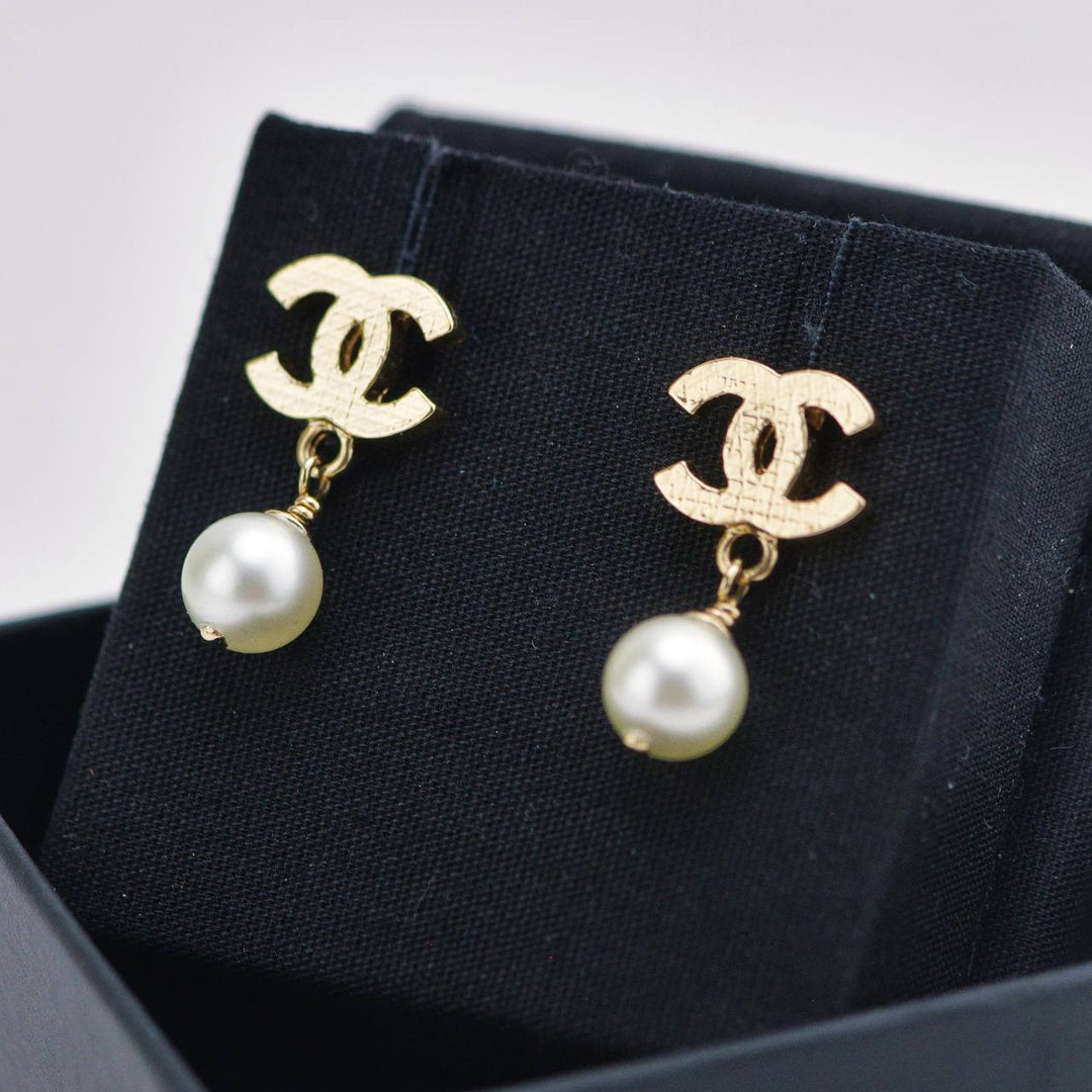 Used Chanel CC Faux Pearl Gold Tone Drop Earrings