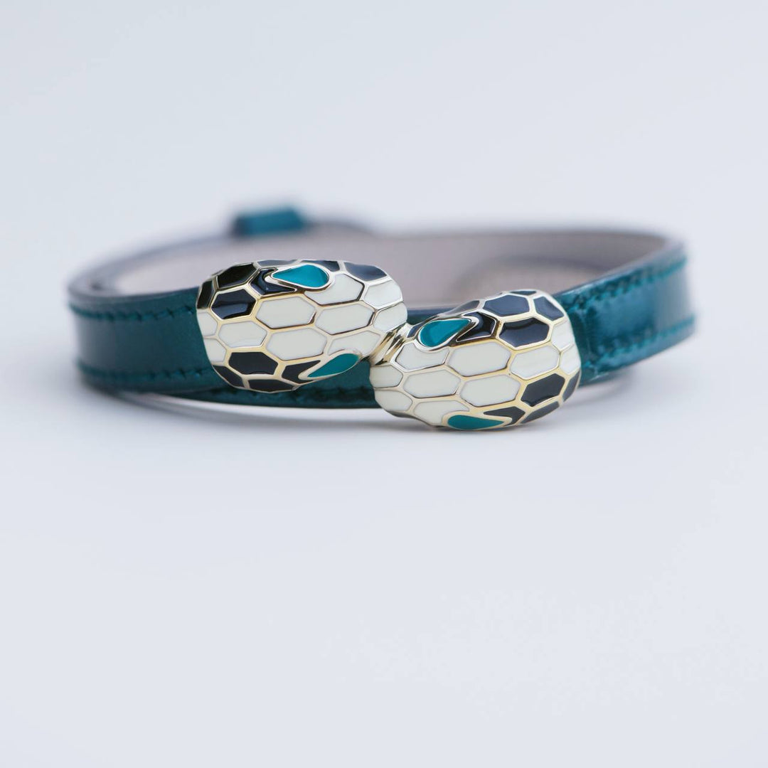 Preowned Bvlgari Serpenti Forever Metallic Enamel Green Leather Bracelet