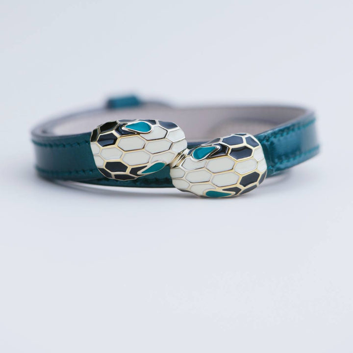 Preowned Bvlgari Serpenti Forever Metallic Enamel Green Leather Bracelet