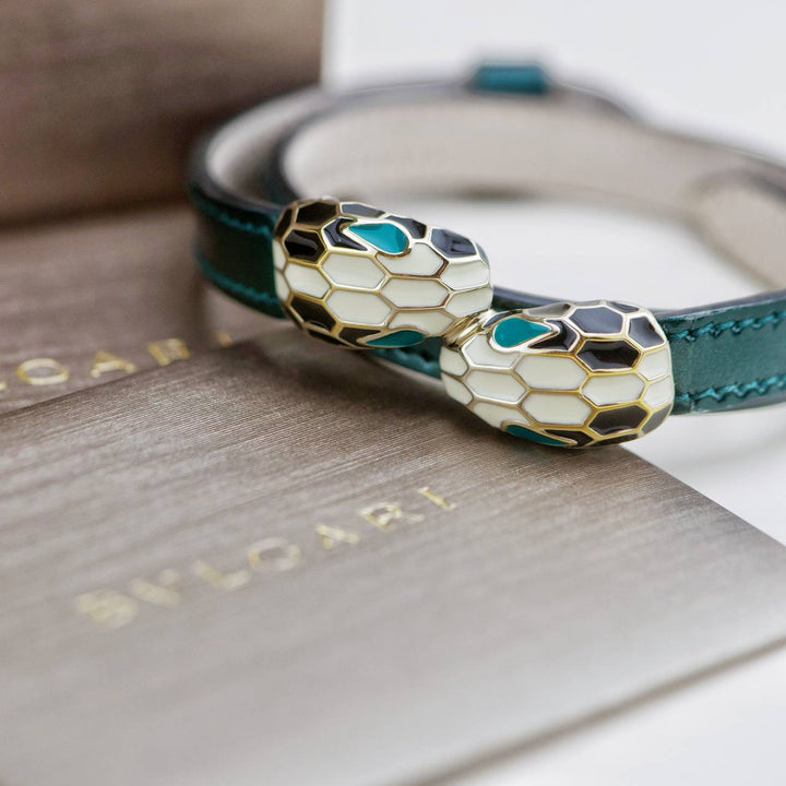 Second Hand Bvlgari Serpenti Forever Metallic Enamel Green Leather Bracelet Size M