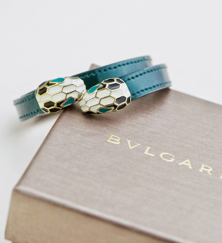 Used Bvlgari Serpenti Forever Metallic Enamel Green Leather Bracelet Size M