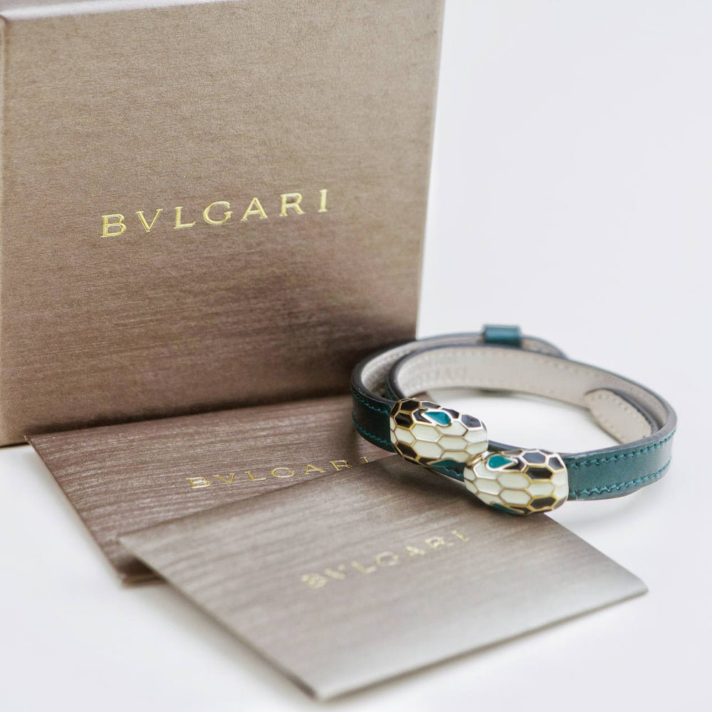 Preowned Bvlgari Serpenti Forever Metallic Enamel Green Leather Bracelet Size M
