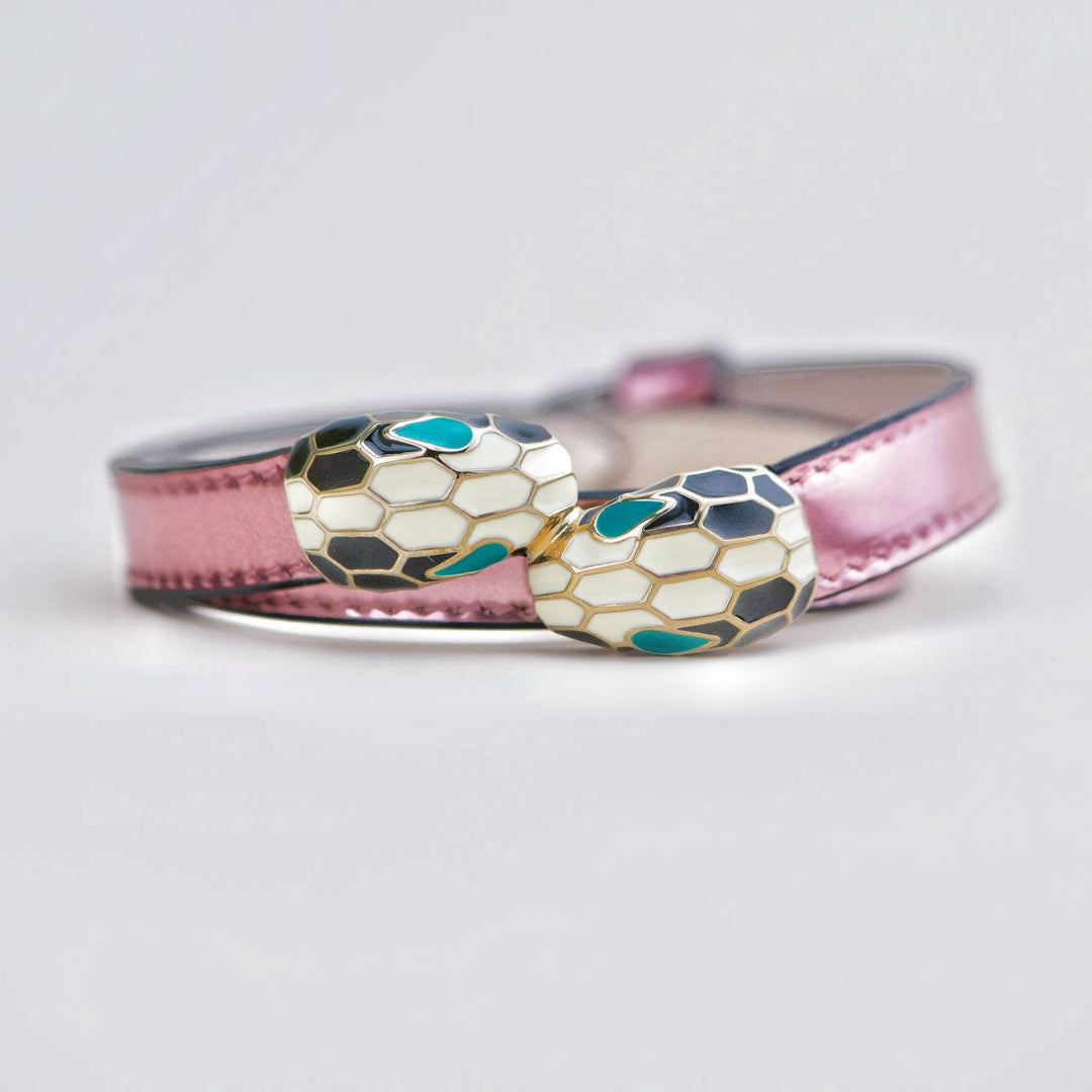 Used Bvlgari Serpenti Forever Enamel Metallic Pink Leather Bracelet Size S