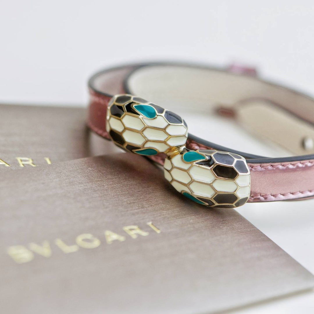 Second Hand Bvlgari Serpenti Forever Enamel Metallic Pink Leather Bracelet Size S