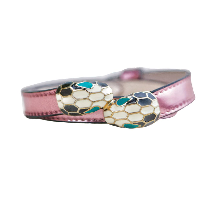 Preloved Bvlgari Serpenti Forever Enamel Metallic Pink Leather Bracelet Size S