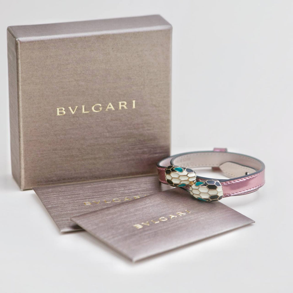 Preowned Bvlgari Serpenti Forever Enamel Metallic Pink Leather Bracelet Size S