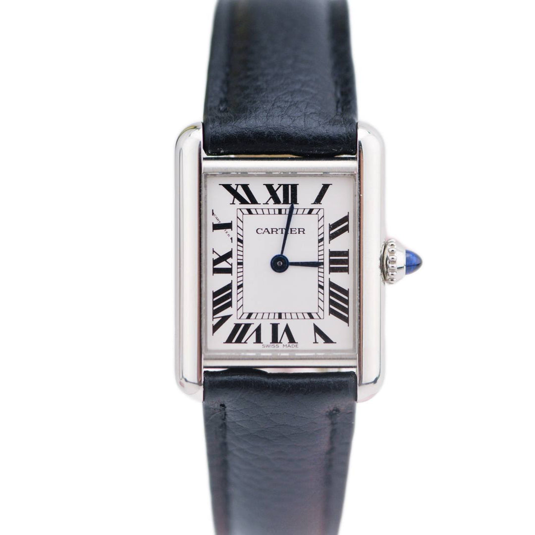 Preloved Cartier Tank Must Silver Black Leather Watch WSTA0042