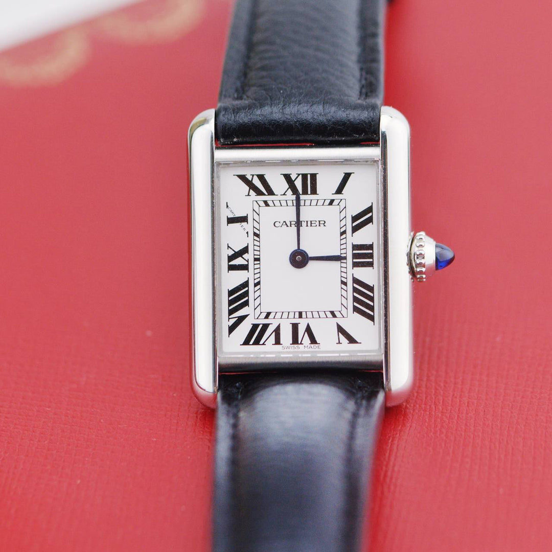 Preloved Cartier Tank Must Silver Black Leather Watch