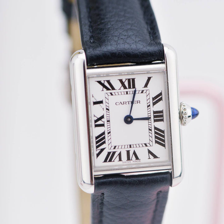 Preowned Cartier Tank Must Silver Black Leather Watch