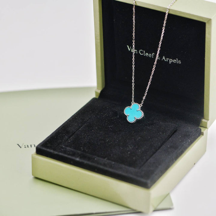 Van Cleef & Arpels Vintage Alhambra Turquoise 18K White Gold Pendant Necklace
