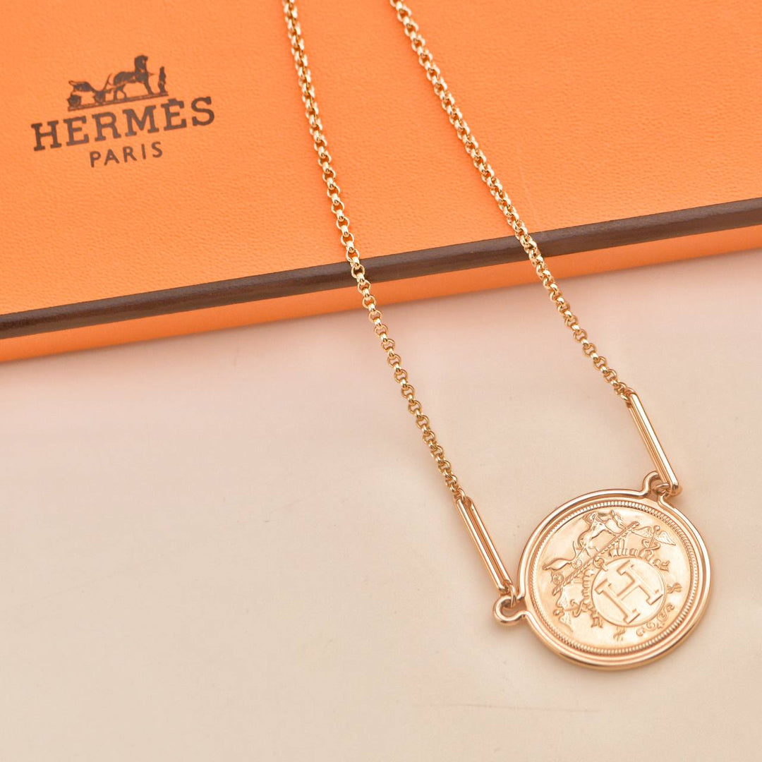 Second Hand Hermès 18K Rose Gold Coin Pendant Necklace 