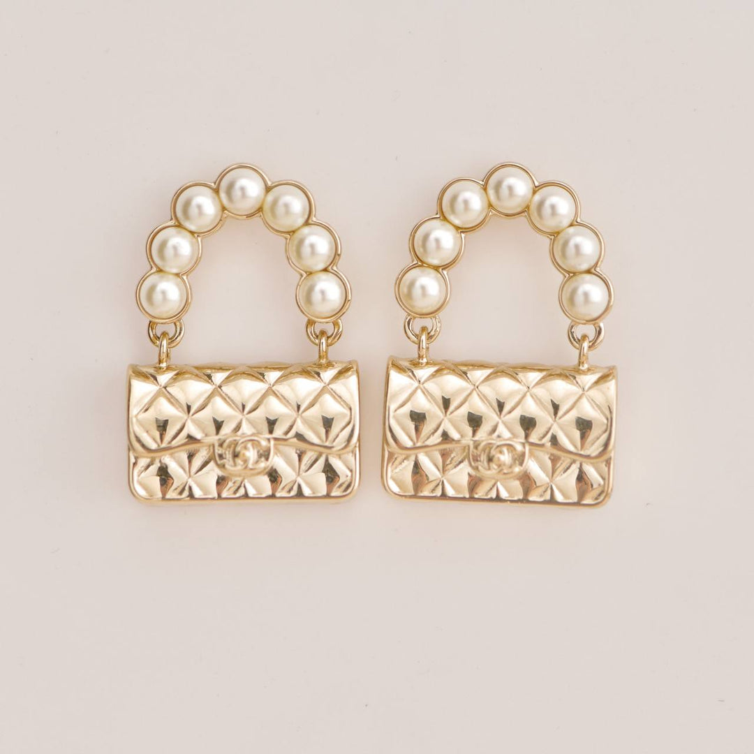 Second hand Chanel Faux Pearl Quilted Classic Flap Bag Gold Tone Earrings