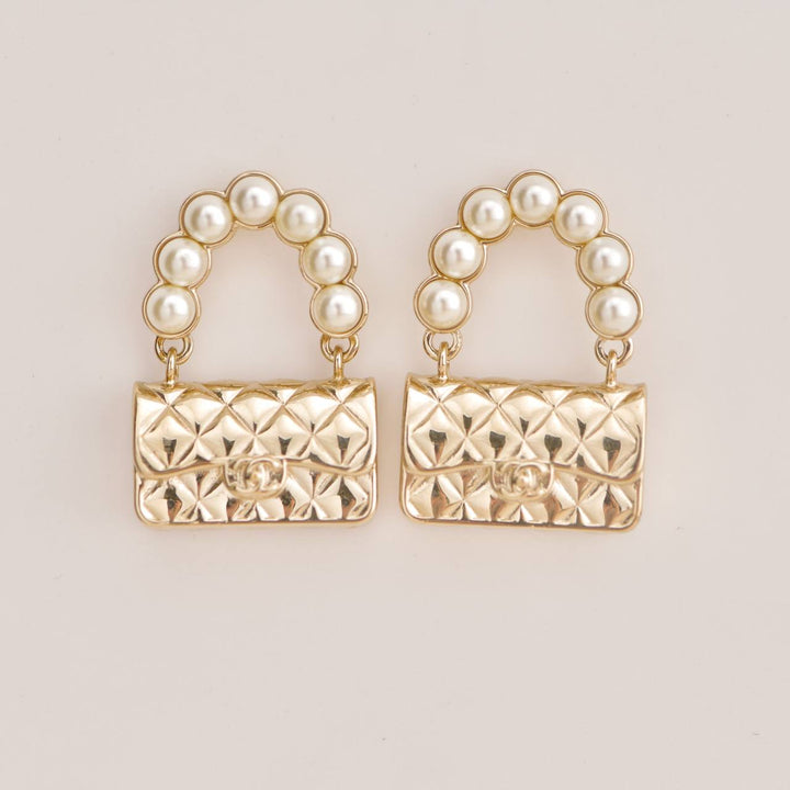 Second hand Chanel Faux Pearl Quilted Classic Flap Bag Gold Tone Earrings