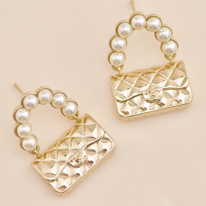 Used Chanel Faux Pearl Quilted Classic Flap Bag Gold Tone Earrings
