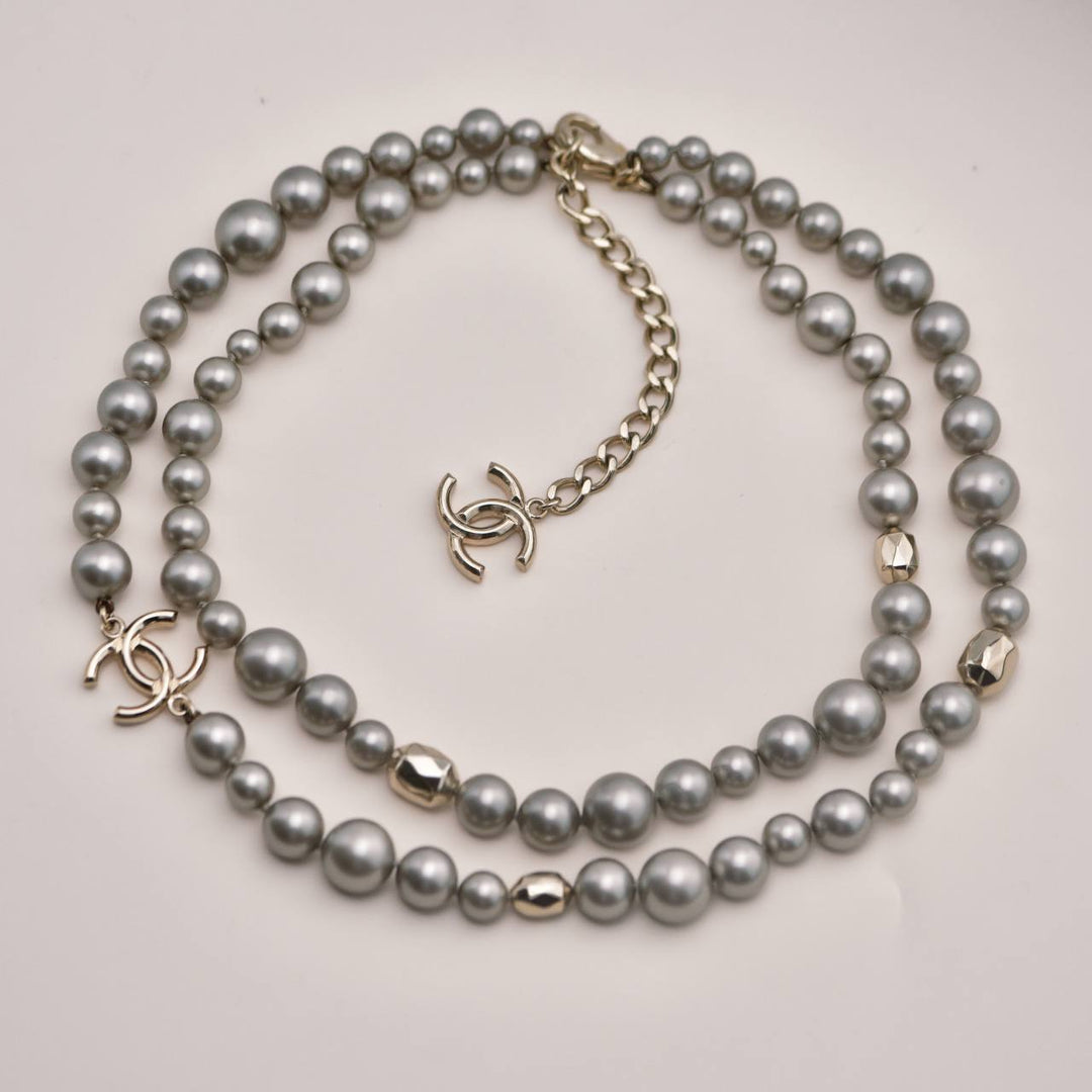 Used Chanel CC Collection Faux Grey Pearl Gold Tone Necklace