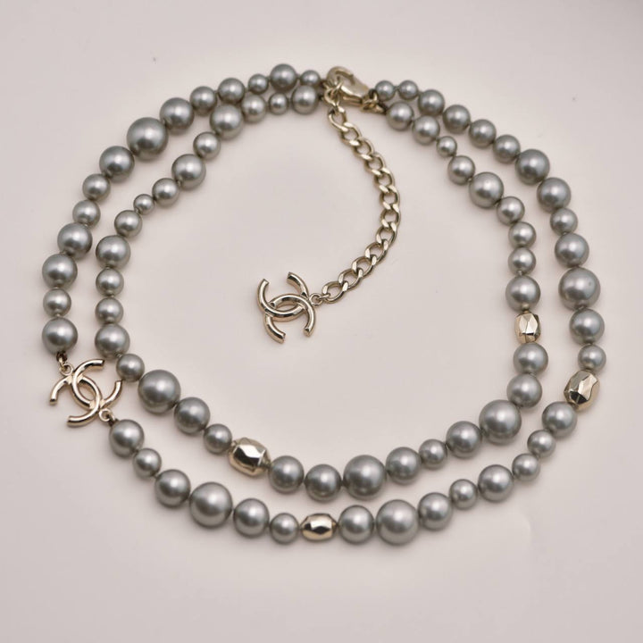 Used Chanel CC Collection Faux Grey Pearl Gold Tone Necklace