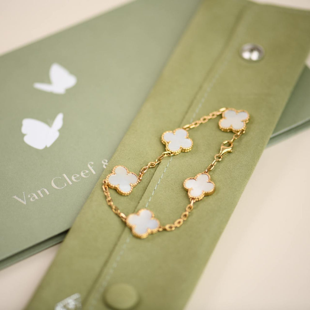 Preowned VCA Vintage Alhambra Mother of Pearl 18K Yellow Gold 5 Motif Bracelet
