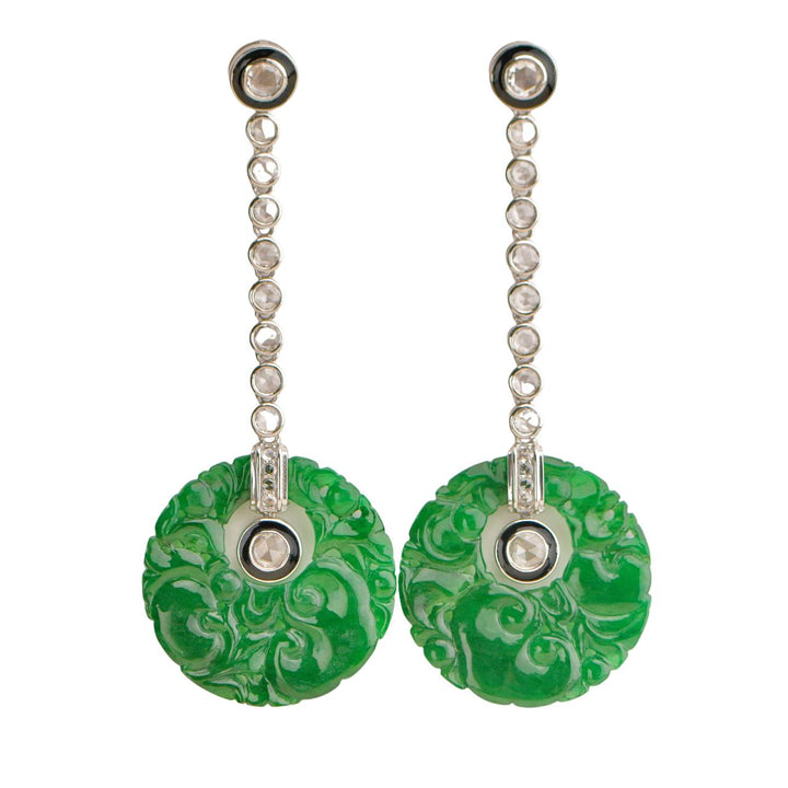 Preloved Carved Jadeite Diamond Onyx 18K White Gold Earrings